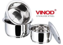 Vinod Sandwich Bottom Stainless Steel Tope Set of 5 (without lid) 0.8, 1, 1.4, 1.8 and 2.2 litres, Patila/Bhagona Set, Induction & Gas Base with 2 Year Warranty for Rs.1557 @ Amazon