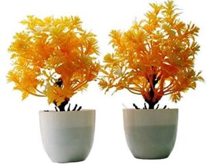 Set of 2 Artificial Beautiful Cute Mini Flower Plants with Pot Orange Color Topiaries Shrubs for Home Decor, Washroom and Office Decor Christmas