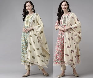 INDO ERA Women’s Cotton Blend Printed Straight Kurta Trouser With Dupatta for Rs.1310 @ Amazon