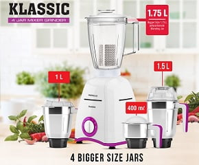 Havells Klassic 750 watts 4 Jar Mixer Grinder with 304 SS Blades, Large Size SS Jars for Rs.3472 @ Amazon