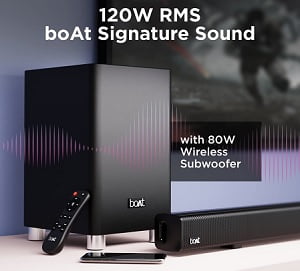boAt Aavante Bar 1750 2.1 Channel Bluetooth Soundbar with 120W RMS boAt Signature Sound, Wireless Subwoofer, Touch Control Panel for Rs.8999 @ Amazon