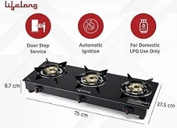 Lifelong LLGS303 Auto Ignition, High Efficiency 3 Burner Gas Stove with Toughened Glass Top, ISI Certified