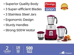 Prestige Orion Mixer Grinder 500 W, 3 Jars, (1200ml,1000ml,500ml)