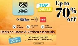 Amazon Home Shopping Spree: Up to 70% off on Home & Kitchen + Extra Rs.250 Cashback