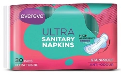 Evereve Ultra Sanitary Napkin/Pad, 284mm, X-Large, Pack of 30 for Rs.139 @ Amazon