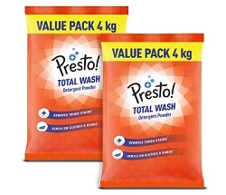 Presto! Total Wash Detergent Powder (4 Kg + 4Kg) for Rs.505 @ Amazon