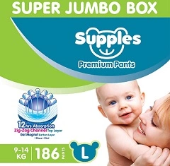 Supples Baby Diaper Pants L Pack of 3 Super Jumbo Box (2.5 kg – 12.0 kg) (186 Count) for Rs.1790 @ Amazon