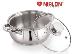NIRLON Stainless Steel Induction & Gas Compatible Sandwich Bottom Casserole with Glass Lid (2 litres)