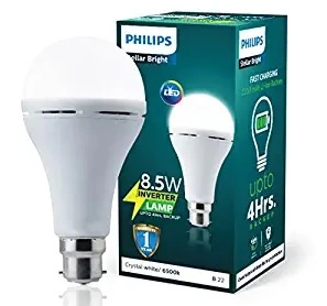 PHILIPS Stellar Bright Rechargeable Emergency Inverter LED Bulb, B22 8.5-Watt-Crystal White for Rs.299 @ Amazon