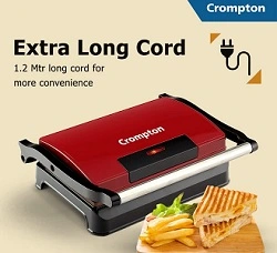 Crompton QuickServe 2 Slice 700W Panini Sandwich Maker with Floating Hinges | Golden Food Grade Non-Stick Coating Plates