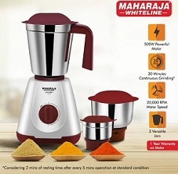 Maharaja Whiteline 500W Livo Pro Mixer Grinder with 3 Stainless Steel Jars with lid and 20,000 RPM Motor Speed