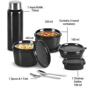 Milton Pro Lunch Tiffin (3 Microwave Safe Inner Steel Containers, 180/320/450 ml, 1 Aqua Steel Bottle 750 ml) for Rs.999 @ Amazon