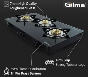 gilma Rio 3 Glass Cooktop Stainless Steel Manual Gas Stove (3 Burners)