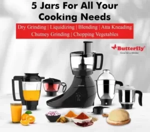 Butterfly MAGIC 5 JAR Rapid Food Processor 750 Watt Juicer Mixer Grinder Atta Kneading (India’s First cool touch Chutney Jar with Air-Gap Cooling) for Rs.3599 @ Flipkart