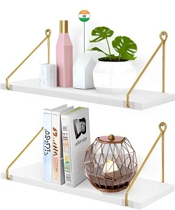 Wall Shelf, Metallic Gold White Wall Mounted Shelves, Home Decor Items for Living Room/Bedroom, Set of 2