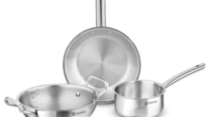 Bergner Tripro Triply Stainless Steel 4 Pc Cookware Set, 3 Ltr Kadai with Lid, 1.3 Ltr Frypan, 1.5 Ltr Tea Pan with Induction Bottom & Gas Ready for Rs.2649 @ Amazon