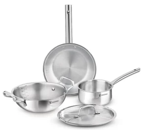 Bergner Tripro Triply Stainless Steel 4 Pc Cookware Set, 3 Ltr Kadai with Lid, 1.3 Ltr Frypan, 1.5 Ltr Tea Pan with Induction Bottom & Gas Ready for Rs.2649 @ Amazon